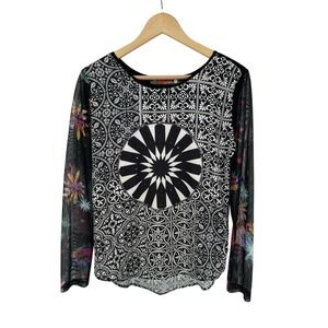 Desigual Top Womens L Geometric Floral Boho Hippie Festival Indie Sheer Sleeve